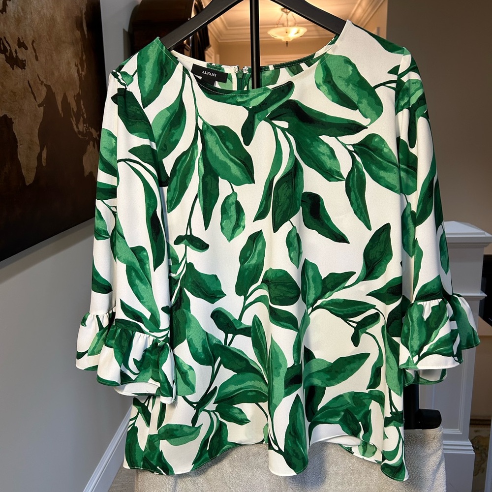 Alfani Green Leaf Print Ruffle Sleeve Blouse